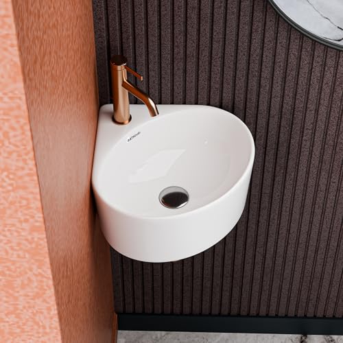 Image of Ceramic Wall Mount Wash Basin For Bathroom | Corner Wall Hung Bathroom Sink for Home, Office & Hotel | Space Saving Wash Basin with Glossy Finish (ONA)