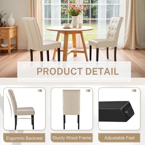 Image of Furmax Ergonomic Dining Chairs Set of 2, PU Leather Dinning Room Chairs, Button Tufted Kitchen Chairs with Adjustable Wood Legs for Kitchen Living Room (Leather Beige, 2)
