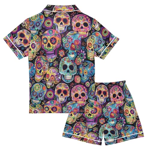 ALAZA Sugar Skull Flower Floral Black Satin Pajamas Set Short Sleeve Button Down Sleepwear Summer Pjs 2 Piece2