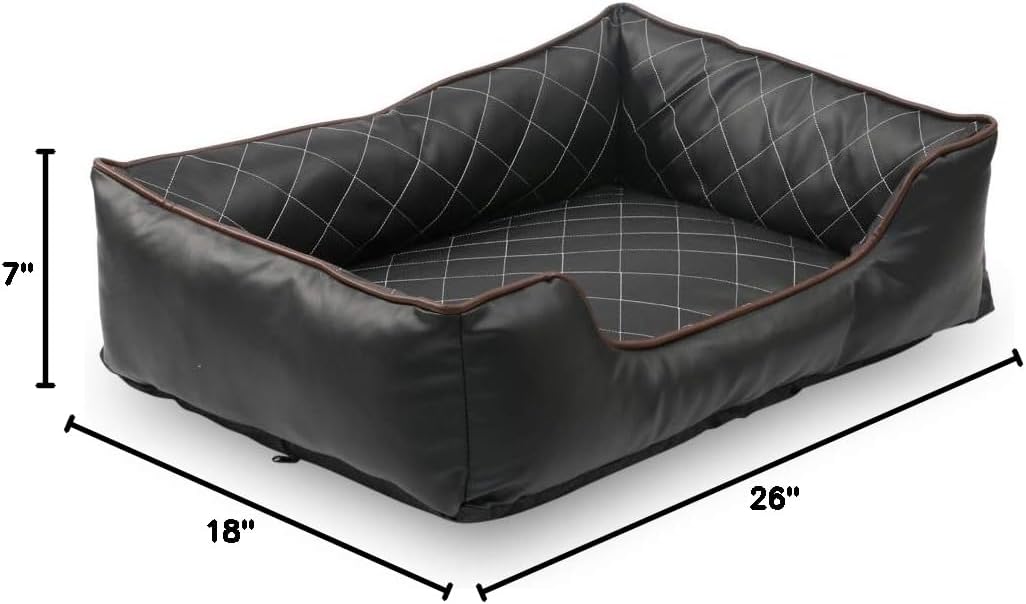 Long Rich Luxury All Sides Faux leather Rectangle Pet Bed. Black color, 26x18 inches, By Happycare Textiles