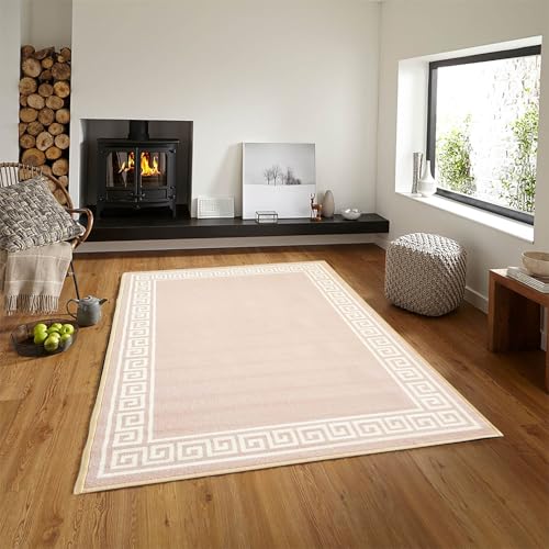 Image of Matz&More Greek Single Line Rug | 100x150 CM | Beige White | Soft Nylon Loop Pile with Anti-Slip Gel Backing | Living Room, Bedroom & Office Floor Carpet