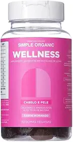 Gummy Cabelo e Pele Sabor Morango Vitaminas C, A, B6, B12, Biotina, Ácido Fólico e Niacinamida Simple Organic
