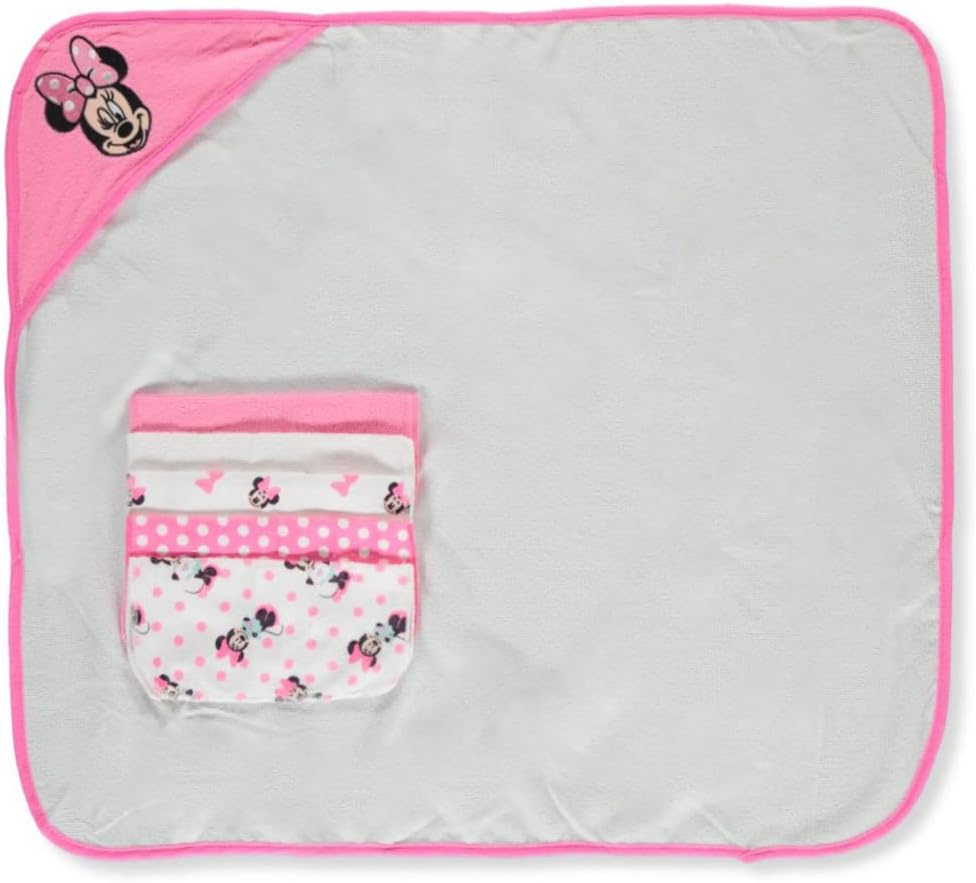 Cudlie Accessories Disney Baby Minnie Mouse Hooded Towel with 5 Piece Washcloth Set, Cute Face Print, GS71797 Pink One Size - Image 2