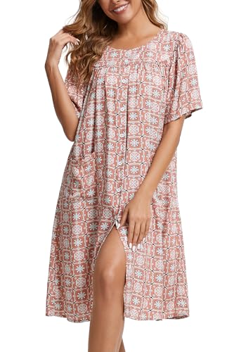 Image of COSUNIONY House Dresses for Women Cotton Short Sleeve House Coat Buttons Down Dusters Robe with Pockets S-XXL