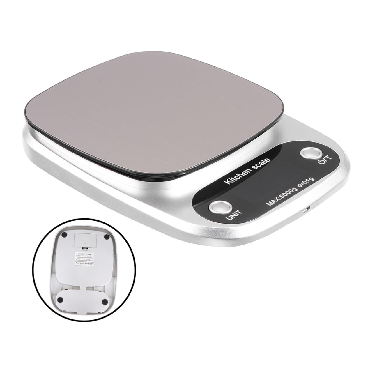 Digitale Küchenwaage 5kg 0, 1g Edelstahl Wiederaufladbar für Küche | Silberne Präzisionswaage mit LCD Anzeige, Kompakt und Leicht, für Backen, Kaffee und Schmuck