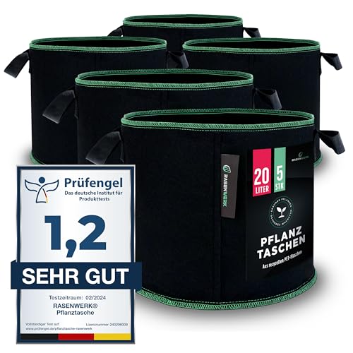 RASENWERK® - Pflanztasche aus Vliesstoff - Pflanzsack für Garten, Gewächshaus & Balkon - Pflanzbeutel für Blumen, Tomaten und Pflanzen - Ideale Alternative zum Blumentopf - 5 Stück