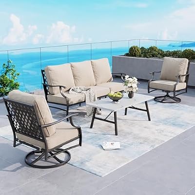 SUNSHINE VALLEY Patio Furniture Set, 4 Piece Modern Metal Outdoor Patio Furniture, 3 Seater Couch, 2 swivel Chairs, Coffee Table and 5.75" Extra Thick Cushion, Patio Conversation Set for Backyard Deck