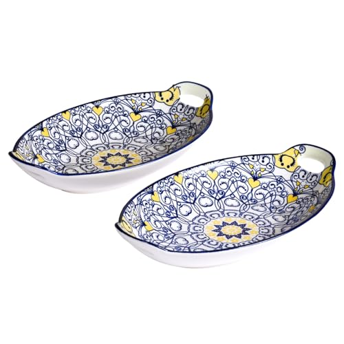 Image of Nestasia Set of 2 Dark Blue Mandala Ceramic Long Dish with Handles for Serving Snacks, Appetizers, Salads, and Noodles | Microwave Safe, Dishwasher Safe (10.8 Inch)
