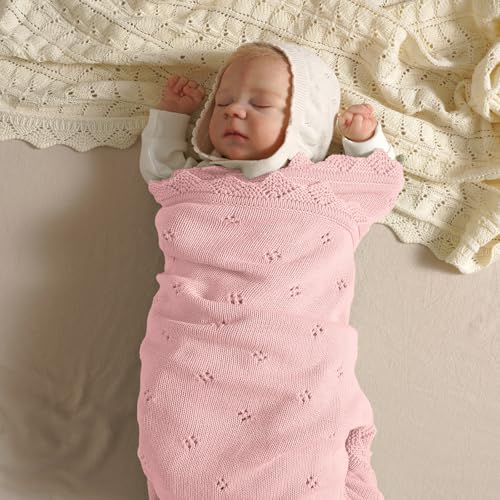Image of mimixiong Cotton Baby Blanket Knitted Crochet Receiving Crib | Nursery Swaddling Blankets for Newborn Baby Boy Girl Pastel Pink 30x40 Inch