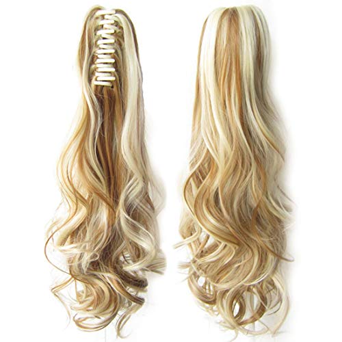 Beauty Wig World 20 Inch Curly Synthetic Clip in Claw Ponytail Hair Extension Synthetic Hairpiece Jaw Clip Claw in-27/613 Ash Blond Mix