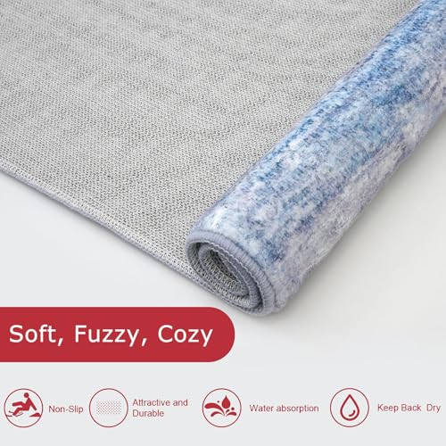 KOZYFLY Modern Abstract Hallway Runner Rug, 2x8 Washable Rug Runner Non-Slip Soft Striped Kitchen Runner Rugs, Print Distressed Blue/Grey/Beige Carpet Runner for Entryway Bathroom Laundry Room Foyer