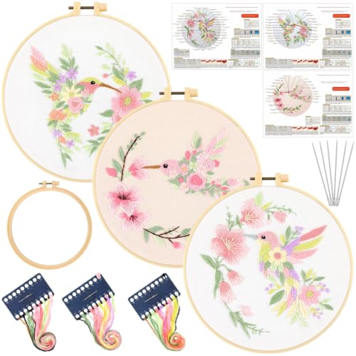 Image of Mindsoft 3 Set Needlepoint Kit for Beginners with Hoop,Flower Hummingbird