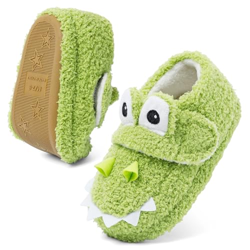 DUONITITI Toddler Dinosaur Slippers Cute Warm Adjustable Barefoot Sock Shoes with Memory Foam for Boys Bedroom Household(Green 7-8 Toddler)