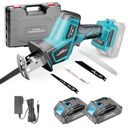 blayram Säbelsäge Akku 21V, 0–3000 U/min Säbelsägen mit variabler Geschwindigkeit, Reciprosäge mit 2x 2.0Ah Akku und Ladegerät & 4 Sägeblätter zum Schneiden von PVC/Holz/Metall