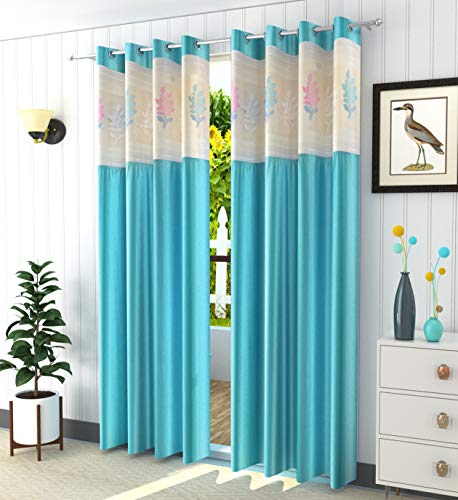Image of LaVichitra 1 Piece Premium Window Curtain with Floral Net - 5ft, Aqua