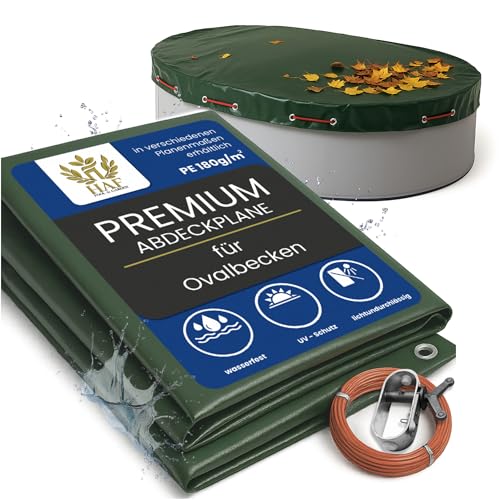 HAF Pool Winterabdeckung Oval für 770 x 500 cm - Winterfeste Abdeckplane zur Poolabdeckung im Sommer und Winter - Poolplane (Abdeckfolie) aus wasserdichtem PE mit 180g/m²