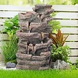 Biling 5-Tier Cascading Rock Outdoor Water Fountain with LED Lights and Artificial Fern, Outdoor Fountains and Waterfalls with Natural Stone Look for Garden, Patio, Backyard, Deck (Brown)