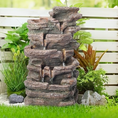 Biling 5-Tier Cascading Rock Outdoor Water Fountain with LED Lights and Artificial Fern, Outdoor Fountains and Waterfalls with Natural Stone Look for Garden, Patio, Backyard, Deck (Brown)