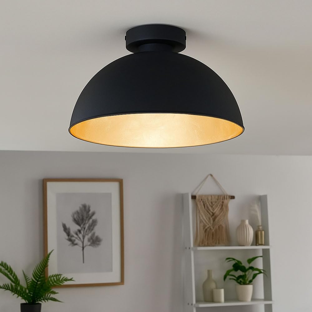 Reality Leuchten Deckenleuchte Jimmy, 1 x E27 ohne Leuchtmittel, Durchmesser 31 cm, Außen schwarz, Innen goldfarbig, R60121002