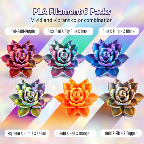 Image of Silk Tricolor PLA+ 3D Printing Filament 1.75mm, 250g x6 Spools Bundle - Each Spool Tricolor Combination (Sky Blue, Purple, Red, Black, Rose Red, Orange, Yellow, Gold, Silver, Copper)