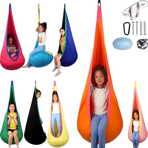 Image of HiCamer Sensory Swing for Kids Indoor and Outdoor Pod Hammock Chair Seat Upgrade Max 300 lbs Hanging Swing with Inflatable Cushion Includes Hardware Hanger Kit for Aspergers Autism ADHD (Orange)