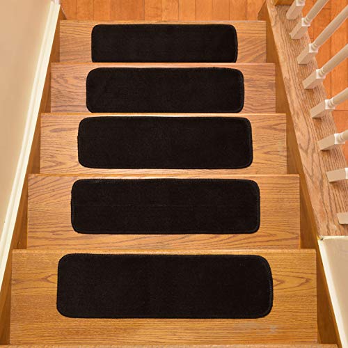 Stair Tread Treads Indoor 7 inch x 24 inch Machine Washable Skid Slip Resistant Carpet Stair Tread Treads Comfy Collection (Set of 7, Black)
