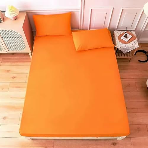 Drap Housse 140x190 cm - 2 Places - 100% Coton 57 Fils/cm² - Tissage Très Serré - Bonnet 30 cm Extensible - Plusieurs Couleurs Disponibles (Orange)