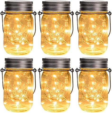 GIGALUMI Hanging Solar Mason Jar Lights , 6 Pack 30 Led Solar Lanterns Outdoor Hanging Solar Jar Lanterns, 6 Hangers and Jars Included. Great Outdoor Lawn Decorate for Patio Garden, Yard and Lawn