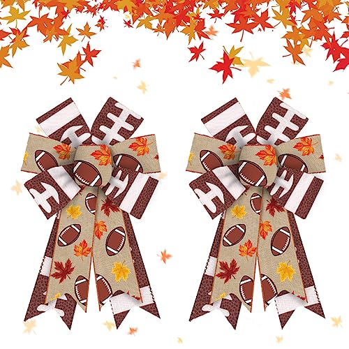 Estivaux 2 Pieces Football Bows for Wreath American Football Wreath Bows Brown Natural Burlap Bow Maple Leaf Football Craft Bow Holiday Farmhouse Tree Bows for Front Door Football Decorations