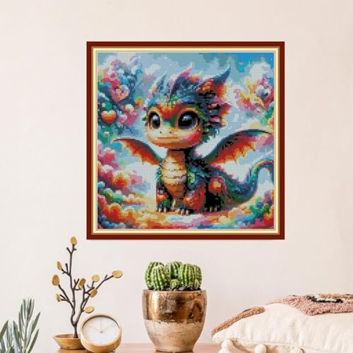 Image of MYBISYMQQ Cute Rainbow Dragon Cross Stitch Kits for Adults, Stamped Cross Stitch Kits for Beginner，DIY Needlepoint Embroidery Patterns Kits Embroidery Patterns for Home Wall Decor 13.7x13.7 inches