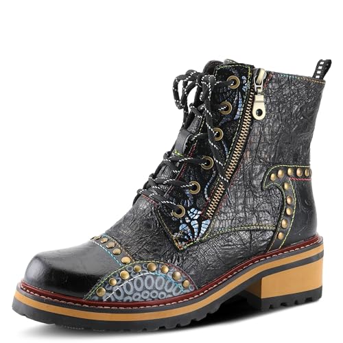 L'Artiste Rugup Leather Combination Booties for Women | Low Heel Ankle Boots for Women with Lace Up and Zipper Closure and Faux Fur Lining, Black Multi EU 41 / US 9.5-10