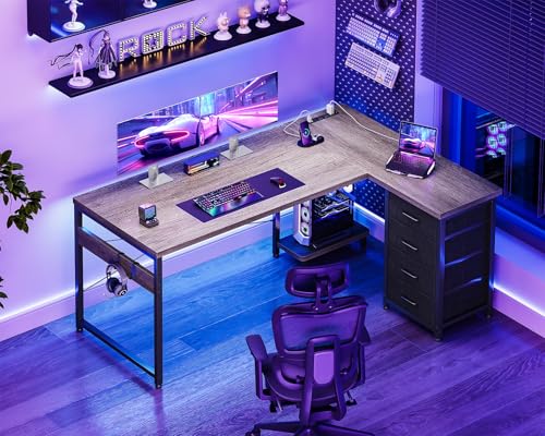 Image of AODK L Shaped Gaming Desk with 4 Drawers, 53 inch Reversible Home Office Desks with Power Outlets, L Shaped Computer Desk with USB Charging Port and Host Stand, Corner Desk, Easy to Assemble, Grey