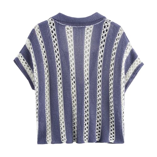 KEOMUD Women's Summer Crochet Cardigan Stripe Button Down Short Sleeve Shrugs Hollow Out Knit Crop Tops2