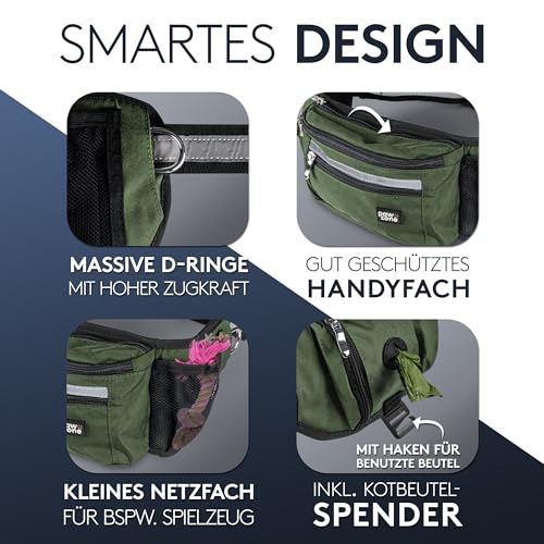 PAWZONE Futterbeutel Hunde - Leckerlibeutel für Hunde - Bauchtasche für Hunde Zubehör - Leckerlitasche für Hunde - Inkl. Reflektorband & Zusatzgurt für Flexileine (Olivgrün)