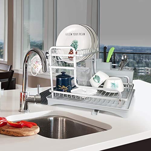 TBMax Dish Drying Rack with Drainer Tray/Utensil Holder/Cup Hanger, 2-Tier Never Rust Aluminum Sink Dish Drainer Drying Rack with for Kitchen Countertop -Silver - Thumbnail 6