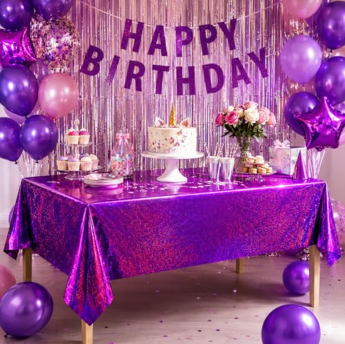Image of OHOME 2 Pack Laser Pink and Purple Tablecloth - Birthday Party Decorations | Purple Party Decor for K-Style Demon Music Theme Birthday | Iridescent Party Decorations for Bridal Wedding Halloween