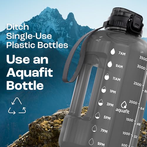 Image of AQUAFIT 1 Gallon Water Bottle with Time Marker - Straw & Chug Lid - BPA Free Gym Water Bottle with Straw - Big Gallon Jug (Gray, 128 oz - 2in1 Lid)
