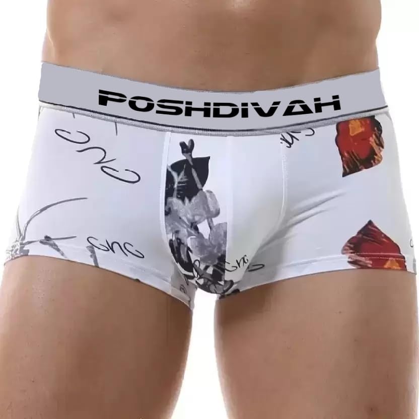 Image of POSHDIVAH Men's Super Combed Cotton Elastane Stretch Printed Trunk with Ultrasoft Waistband White