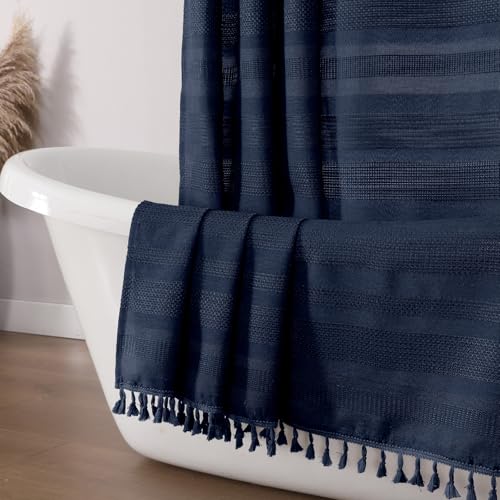 OVZME Navy Blue Shower Curtain for Bathroom, Boho Linen Textured