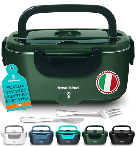 TRAVELISIMO Scaldavivande Elettrico Portatile 80W 1,5L Porta Pranzo Termico 220V/12V/24V Scalda Vivande Portatile Elettrico per Viaggio e Lavoro Portavivande Termico & Porta Pranzo Riscaldabile