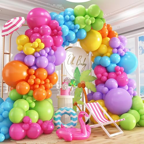 Image of 412pcs Summer Tropical Balloon Arch Garland Kit, Different Sizes 18 12 10 5inch Rainbow Hot Pink Green Orange Blue Purple Balloons for Hawaiian Luau Aloha Baby Shower Birthday Party Decorations
