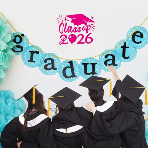 Image of 2x Class of 2026 Car Sticker & Graduation Hat Sticker Removable Graduate Decal 8 inchx 7.1 inch Waterproof Vinyl Decals Arts & Crafts for Graduation Party Decorations (Neon Pink)