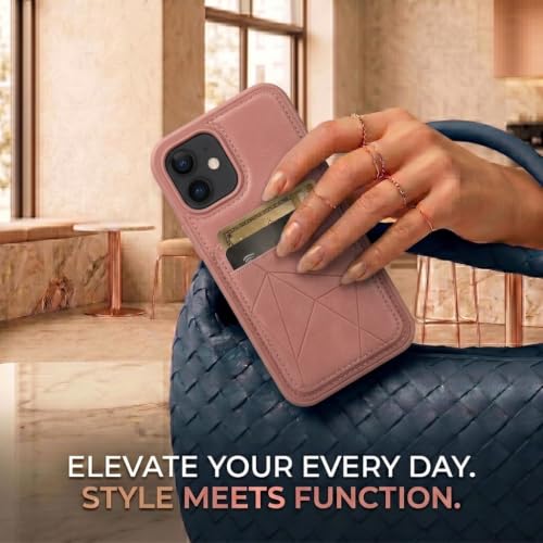 Image of amazon basics Premium Vegan Leather Back Cover with Card Holder and Integrated Mobile Stand for iPhone 11 - Slim Shockproof Wallet Case with Geometric Stitching [Pink]