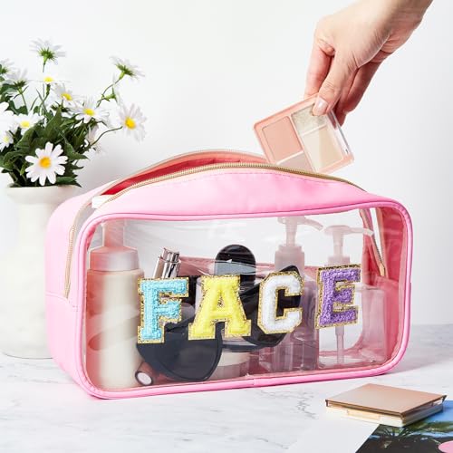 Abbylike 6 Pcs Large Chenille Letter Cosmetic Bag Preppy Patch PVC Nylon Makeup Bag Portable Glitter Clear Cosmetic Bags with Zipper Travel Toiletry Storage Stuff Pouch for Women2