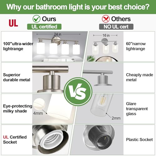 Image of Zarbitta 4-Light Bathroom Light Fixtures, Brushed Nickel Modern Vanity Lights with Milky White Frosted Glass Shades, Bathroom Wall Lamp for Mirror Kitchen Living Room