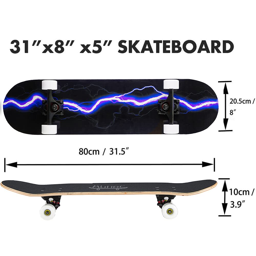 Skateboard estándar de 31 Pulgadas, 7 Capas de Superficie de Arce Monopatín, Apto para niños, Adolescentes, Adultos, Principiantes y Profesionales. Carga máxima 150 kg