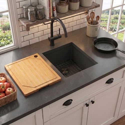 Image of LQS Undermount Wet Bar Sink Black, Undermount Bar Sink Stainless Steel 13 inch x 15 inch, Small 10 inch Deep Single Bowl Kitchen Sinks, Smart Workstation Ledge With Cutting Board For RV, Outdoor and Prep Use