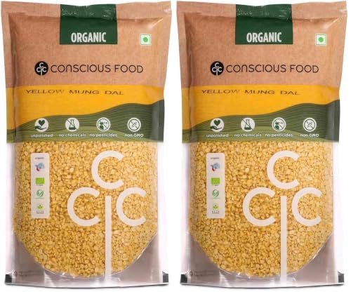 Image of Conscious Food Organic Yellow Moong Dal | 1 Kg | Unpolished | Certified Organic | Mung Dal, Mug Dal, Yellow Lentils (Pack of 2)