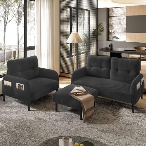 KOMHTOM Canapé 3 Places Modulaire avec Fauteuil, Tabouret, 4 Poches Latérales et Pieds de Chaise en Métal - Canapé Salon Moderne Confortable (Gris - Ensemble)