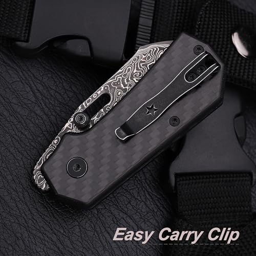 Image of JIN Rhino Small Pocket Knife for Men, Button Lock EDC, DIY Folding Knife Kit, 2 inch Damascus Stonewash Blade, Carbon Fiber Overlay Handle
